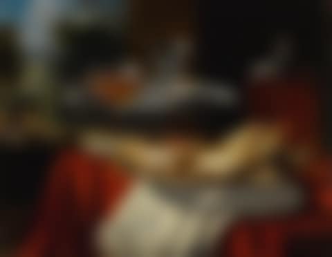 STILL LIFE OF A SILVER TRAY WITH SWEETS UPON A FOLDED WHITE CLOTH, A SILVER TRAY BEYOND IT WITH TWO CRYSTAL GLASSES UPON IT, ALL ON A TABLE DRAPED WITH A RED CLOTH, A WINDOW WITH A LANDSCAPE AND TWO FIGURES BEYOND (preview)