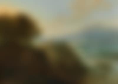 A vast mountain landscape with peasants resting near a path and a small fortified town in a valley (preview)