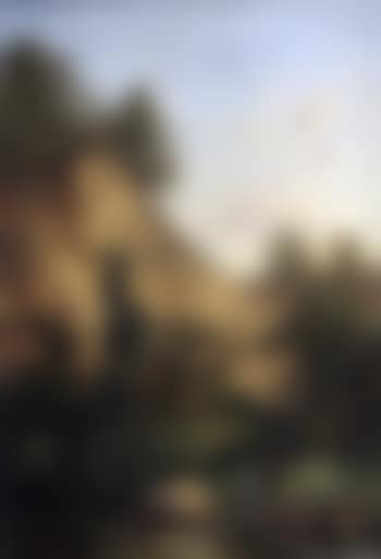 Mountainous landscape with figures on bridge (preview)