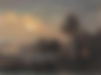 Southern village with figures by mountain lake (preview)