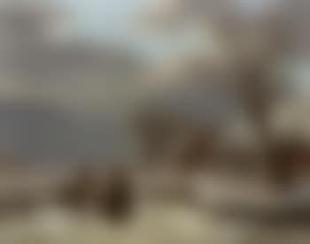 Winter landscape with a farmstead near a frozen river and a couple conversing (preview)