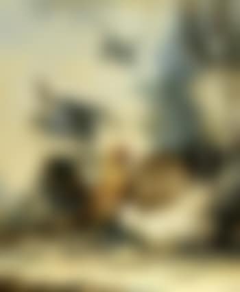 Cockerel, hen, chicks, guinea fowl and dog by ruined column (preview)