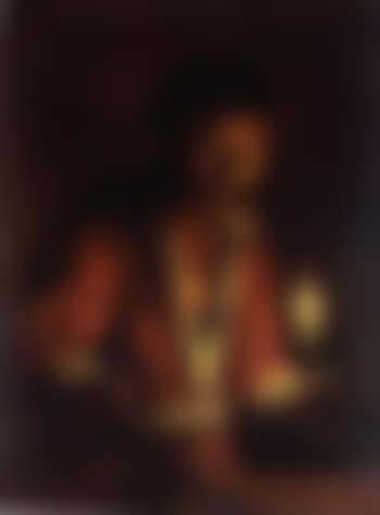 Nocturnal scene with a man holding a candle, pointing to a crab on a table (preview)