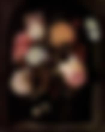 Still life with roses, tulip and other flowers in a glass vase, snail and butterfly in stone niche (preview)