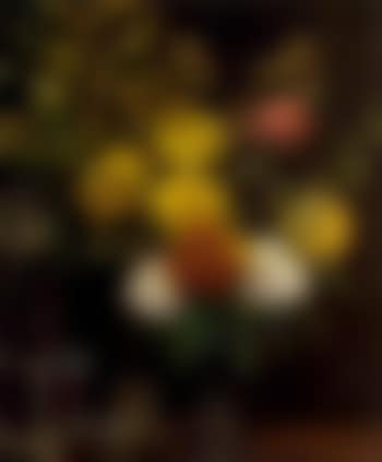 Vase of Chrysanthemums alongside a decanter stand and a glass of liquer (preview)