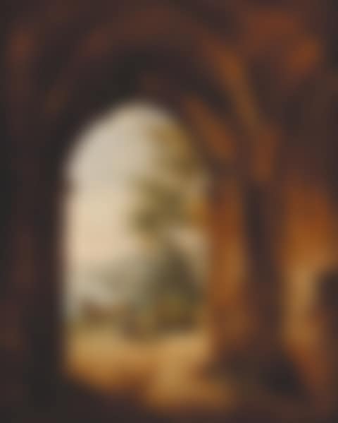 Gothic archway with peasants unloading a boat in a river landscape (preview)
