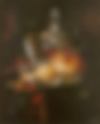 Orange on a pewter plate with other fruit, bread and jug on a table (preview)