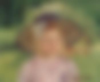 Little girl in a stiff, round hat in a sunny garden (preview)