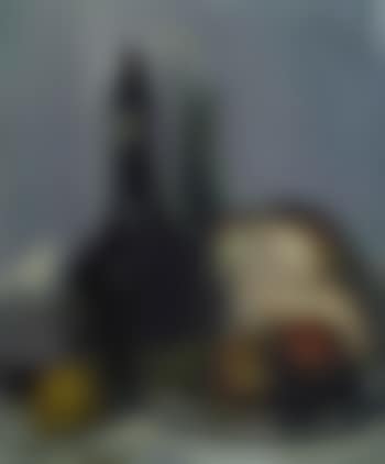 Still life of a bottle, bread and fruit (preview)