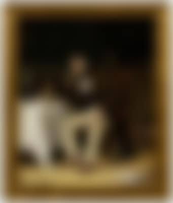 Gentleman seated at a table drinking, with a fire in the background (preview)