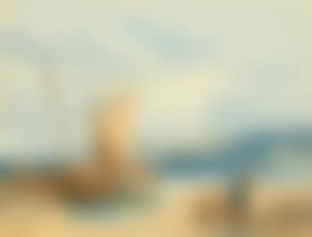 Coastal landscape at low tide with fisherfolk and beached vessels (preview)