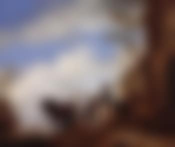 Horsemen and other figures halted on a riverbank next to ruins (preview)