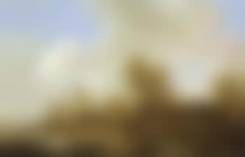 River shore with fishing boat, buildings and church tower (preview)