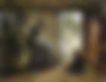 Woman with baby and toddler inside peasant house (preview)