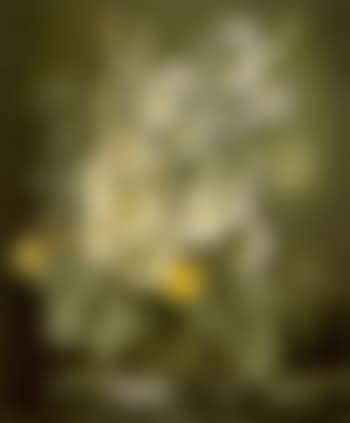 Hollyhocks, lilies and tobacco flowers in a glass vase on a marble ledge (preview)