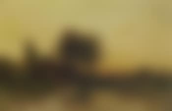 Thatched farm by lake, sunset (preview)