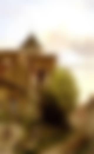 Landscape with figure on hilly path walking towards a gate in a wall (preview)