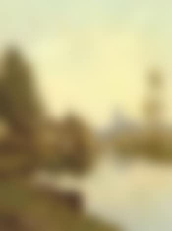 Moored boat and a farm by water's edge, church tower in background (preview)