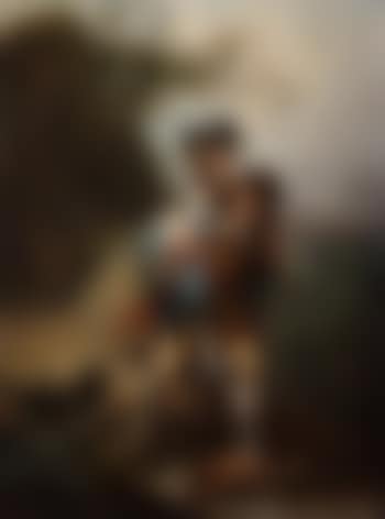 Young gentleman carrying a lady across a stream, with dog (preview)