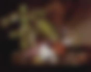 Beech leaves in vase, bouquet of flowers on ledge (preview)