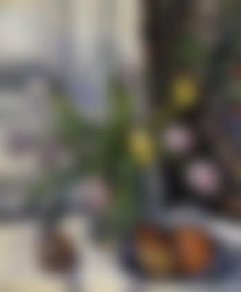Still life with yellow, pink and white tulips in a glass vase (preview)