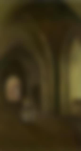 Monastery interior with two monks carrying altar candles (preview)