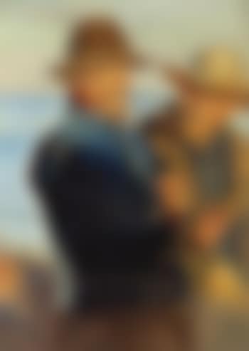 Two fishermen smoking pipes standing on beach in sunshine (preview)