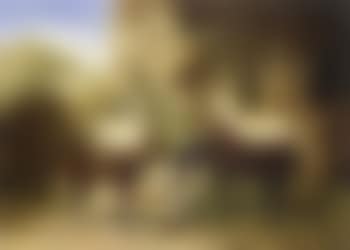 Groom with horses and hounds on steps of a grand house (preview)