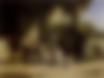 Two men with horses and hounds outside a grand house (preview)