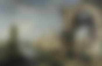 Capriccio with a boatframe within an arch with a river and town beyond (preview)
