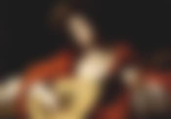 Lady in a red costume and plumed cap playing a lute (preview)