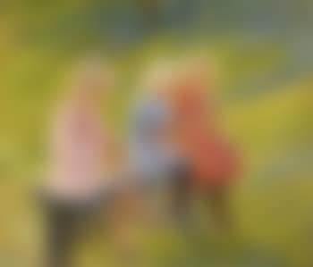 Three girls making garlands of flowers on bench in garden (preview)