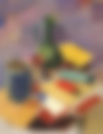 Still life of green jug, books and stoneware pot (preview)