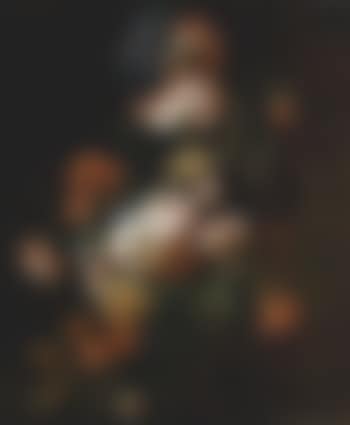 Tulips, poppies and a daffodil and other flowers in a glass vase on a ledge (preview)