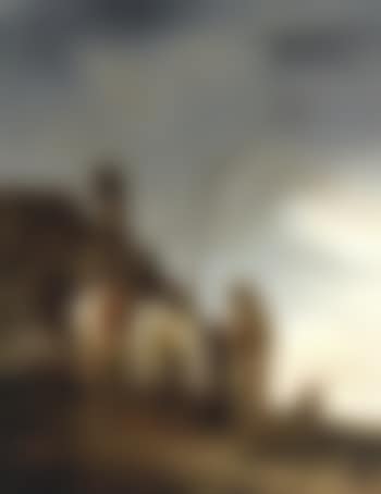 Horseman resting in front of farmhouse with white horse feeding (preview)