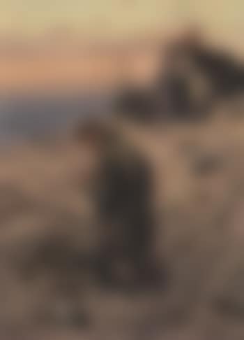Man kneeling in landscape by the coast (preview)