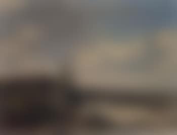 Vast hilly landscape with farmer on his way and town in background (preview)