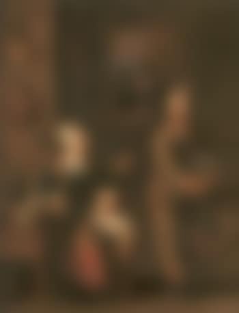 Kitchen interior with a maid and child conversing. Kitchen interior with a maid and a man conversing (preview)