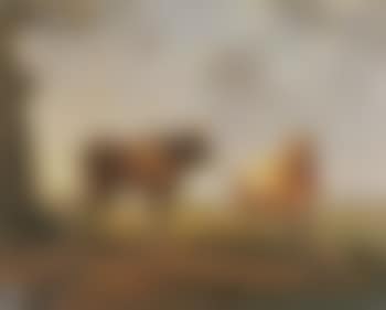 Extensive Italianate landscape at dusk with a shepherd sleeping beside a bull and cow (preview)