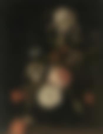Carnations, narcissi and other flowers in a glass vase on a ledge (preview)