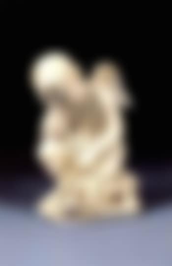 Figure of a kneeling cherub, head on one hand and holding wreath (preview)
