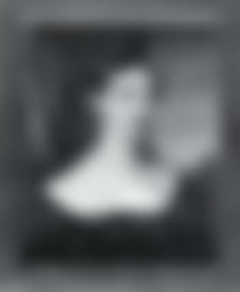 Lady, in low-cut dress, hair dressed, curtain and landscape background (preview)