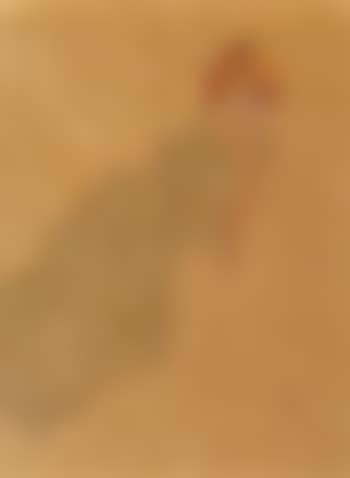 Frau in olivfarbenem Kleid mit aufgestutztem Arm (preview)