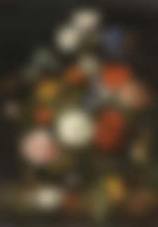 Exotic flowers in vase with butterfly and insects on marble (preview)