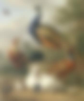 Peacock, rooster, hen and chicks in a landscape (preview)