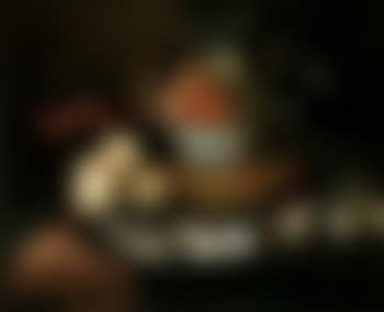 Still life of fruit in a blue and white bowl, fish and prawns on pewter dish (preview)