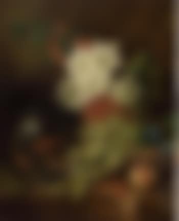 Still life of flowers and a peach, goldfish in a bowl, on a marble ledge (preview)