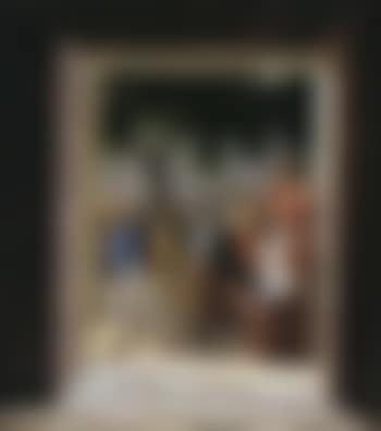 View through open door with figures running past (preview)