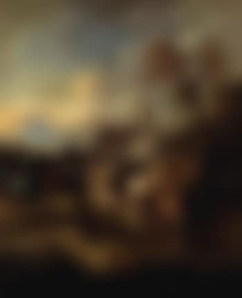Mountainous landscape with castle ruins and herder with his herd (preview)