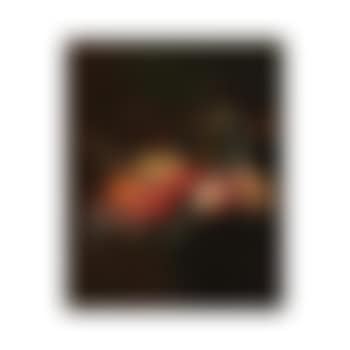 Still life of lobster, conch shell, tulip, orange on a stone ledge (preview)